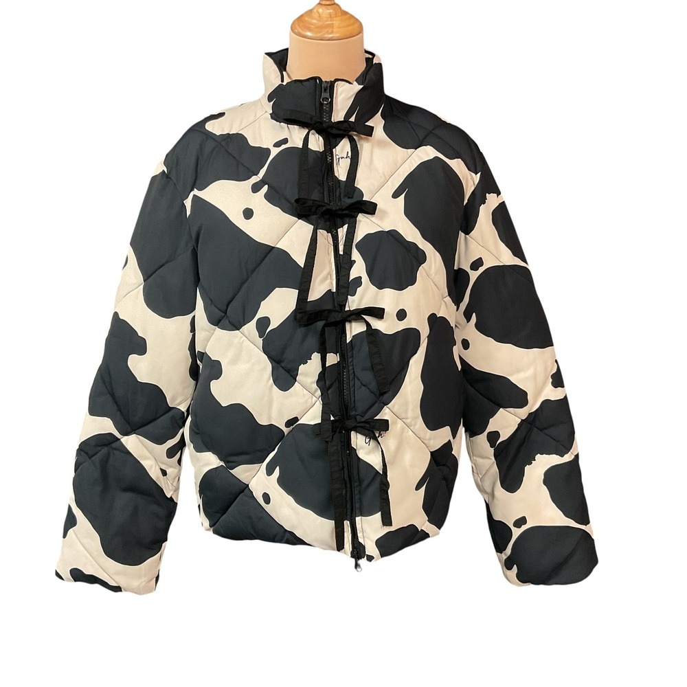 Lisa Says Gah Women's Cow-Printed Bows Long Sleeve Puffer Jacket Sz Small VHTF - Picture 2 of 9
